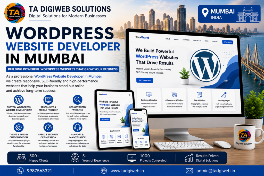 Professional WordPress Website Developer in Mumbai creating responsive, SEO-friendly, and custom WordPress websites for businesses, startups, and eCommerce stores.