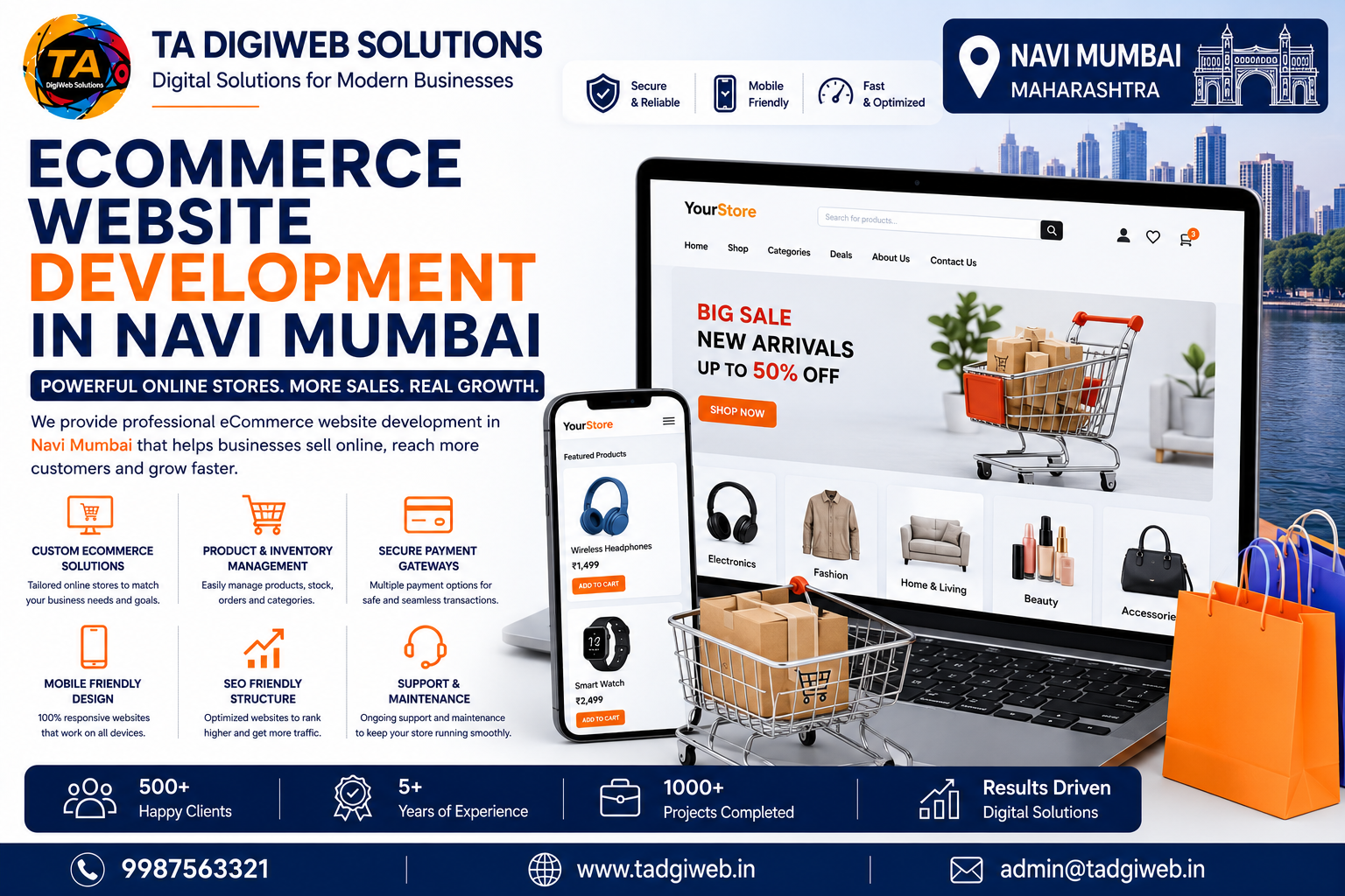 Professional Ecommerce Website Development in Navi Mumbai: creating responsive online stores with secure payment gateways, mobile-friendly design, and SEO optimization.
